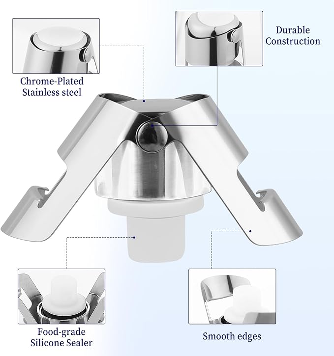 2Pcs Champagne Stoppers, Stainless Steel Wine Stopper, Food Grade Silicone Sparkling Wine Bottle Stoppers for Storing Champagne and Sparkling Wine, Leak-Proof, Sealed, Reusable (Silver)