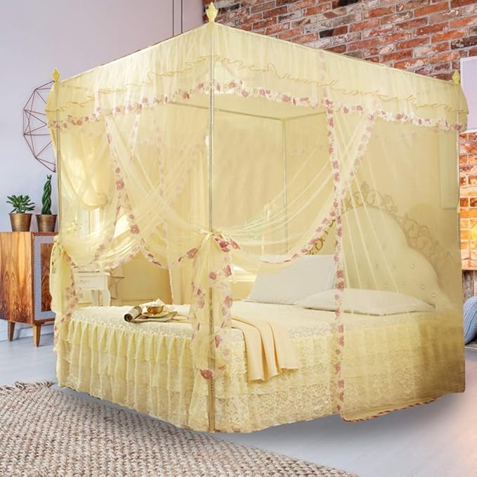 Luxury Princess 3 Side Openings Post Pink Bed Curtains,Four Corner Bedding Bed Canopy net for Bed Princess Bed Girls Room(No Bracket) (Yellow)