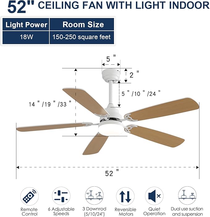 NicBex Ceiling Fan 52 Inch Indoor Modern Ceiling Fans with LED Light and Remote Control 6 Wind Speed Ceiling Fan with 5 Blades and Double Finish for Living Room, Bedroom, White