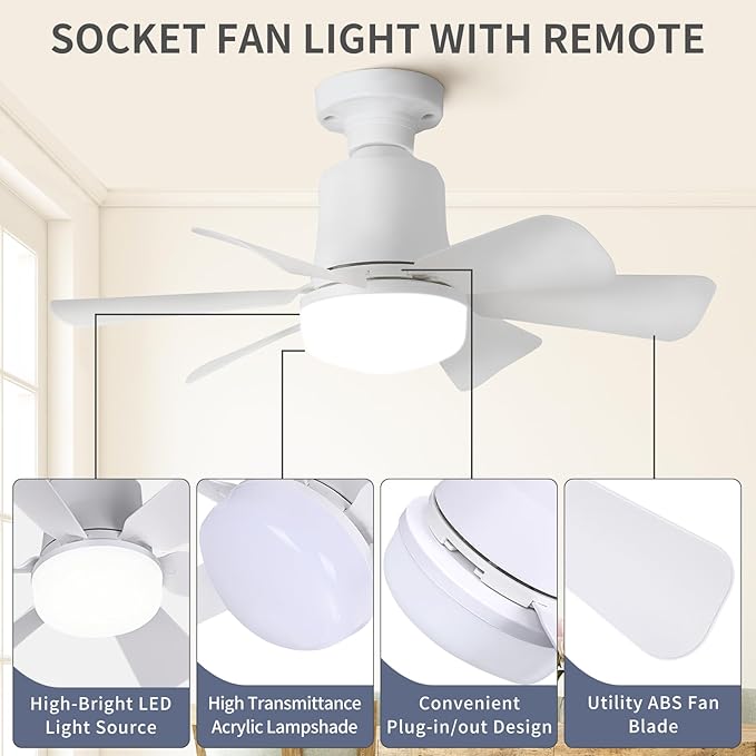 Socket Fan Light with Remote, 3 Color Ceiling Fans with Lights, Dimmable Small Led Ceiling Fan with E26 Base, 1000 Lumens Screw in Ceiling Fan Light for Bedroom, Kitchen, Living Room