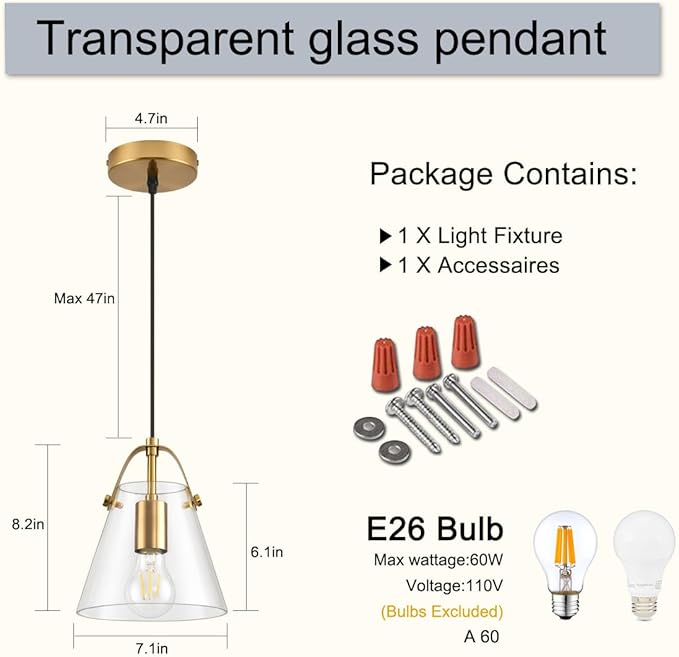 Brass Pendant Lights Kitchen Island,Modern Design Clean Clear Farmhouse Glass Pendant Light,Light Fixture Kitchen Pendant Medium Hanging Light Fixture for Sink A60 Bulb Recommened