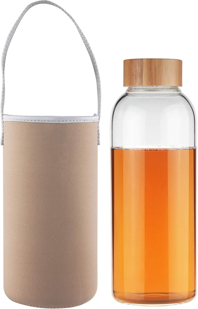 48 oz Sports Borosilicate Glass Water Bottle with Bamboo Lid with Neoprene Sleeve