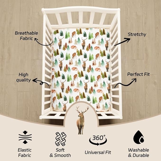 4 Pack Woodland Forest Animals Wood Neutral Unisex Fitted Baby Crib Sheets Set for Baby Boys or Girls (Cartoon Fox, 52 * 28)