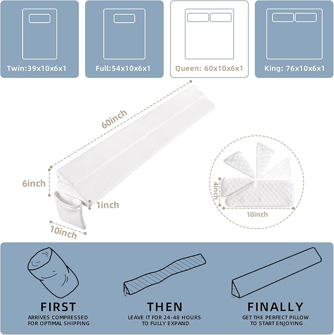 Adjustable Queen Bed Wedge Pillow for Headboard Gap 0-8", 60"x10"x6" Bed Gap Filler Triangle Pillow Stopper, Fills The Gap Between Headboard and Mattress or Wall for Sleeping & Reading