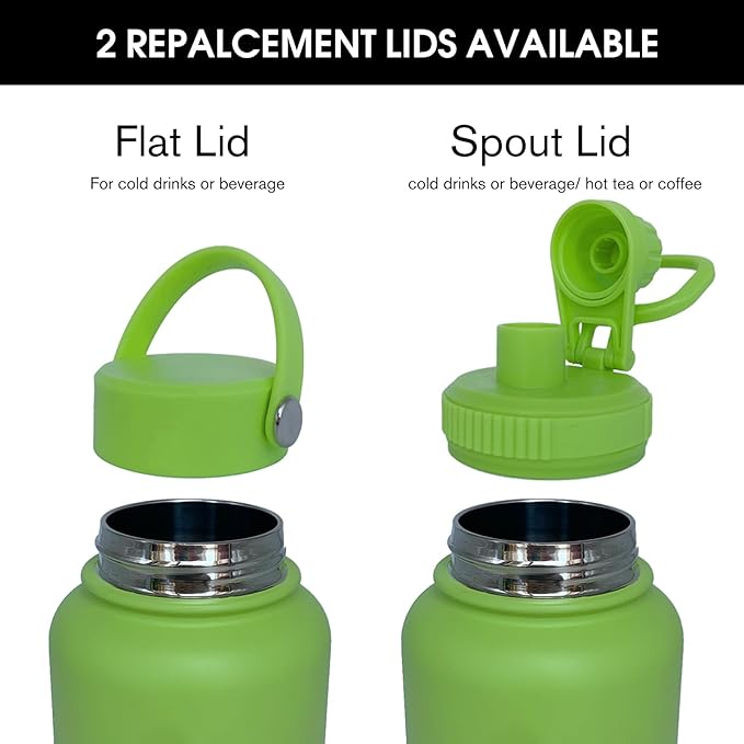 32oz Insulated Water Bottle ，Stainless Steel Sports Water Cup Flask with 2 Lids, Wide Mouth Travel Thermal Mug,Outdoor Sports Bottle（Lemon Green）