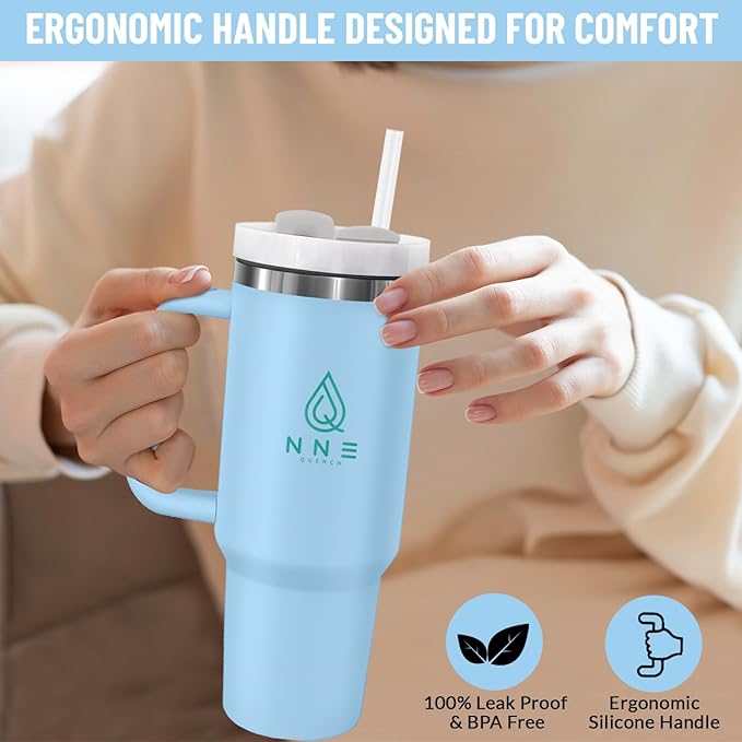 40oz stainless Steel Insulated Tumbler with Handle, lid and straw for cold water, Iced tea, or coffee - 100% Leak-Proof - Cupholder Friendly Travel Mug- Gifts for Women Men Him Her (Blue)