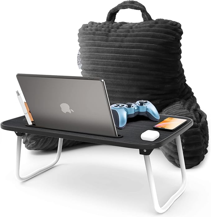 Nestl Reading Pillow with Portable Lap Desk Stand for Laptop 19x11”, Cut Plush Striped Back Pillow, Back Support Pillow, Shredded Memory Foam Bed Rest Pillow with Arms for Kids & Teens, Small - Gray