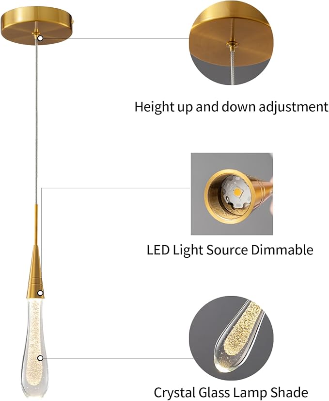 LMQNINE Kitchen Light Fixtures Ceiling Dimmable LED Modern Gold Pendant Light Mini Teardrop Crystal Pendant Light for Kitchen Island Bedroom Hallway Entryway (3-Pack) (020-3)