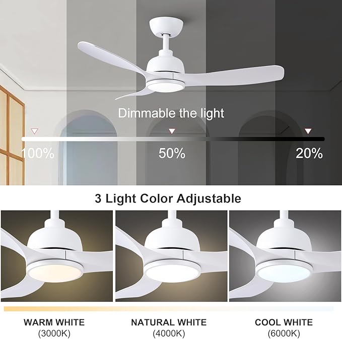 42-Inch White Ceiling Fan with Light - Remote Control, 3 Color Changing, Dimmable, Reverse Rotation - Quiet, 6 Speeds - Ideal for Living Room, Bedroom, Balcony
