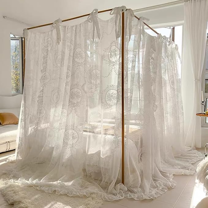 Elegant Lace Princess 4 Corner Post Mosquito Net Romantic for Girls Women Bed Curtain Canopy for Adult Wedding Bedroom Kids Rooms Decoration (Color-A, California King)