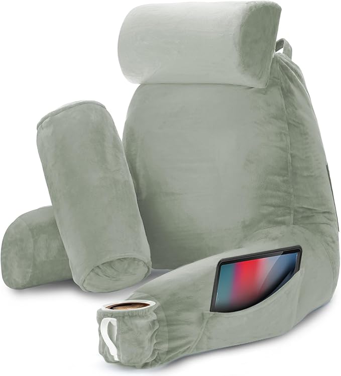 Nestl Reading Pillow Large Bed Pillow, Back Pillow for Sitting in Bed Shredded Memory Foam Chair Pillow, Reading & Bed Rest Pillows Sage Green Back Pillow for Bed, Bed Chair Arm Pillow with Pockets