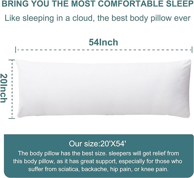 DOWNCOOL Large Body Pillow Insert- Breathable Full Body Pillow for Side Sleeper - Soft Long Bed Pillow for Adults - 20 x 54 inch
