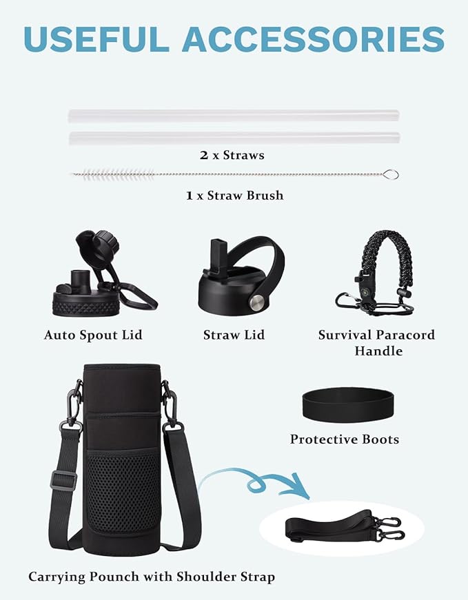 40 oz Insulated Water Bottle - w/Straw Spout Lids, Paracord Handle, Silicone Boot, Metal Flask Water Bottle Carrier with Strap, Leak Proof Stainless Steel Thermal Flask Keep Cold 48h & Hot 24h