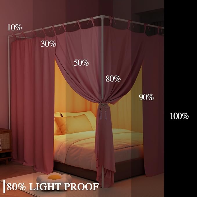 Pink Canopy Bed Curtains - 4 Corner Post Bed Curtains King Size Lightproof Drapes Bed Canopy with Top Ties and Tie Backs for Adults & Girls Bedroom Decoration(Pink,King)
