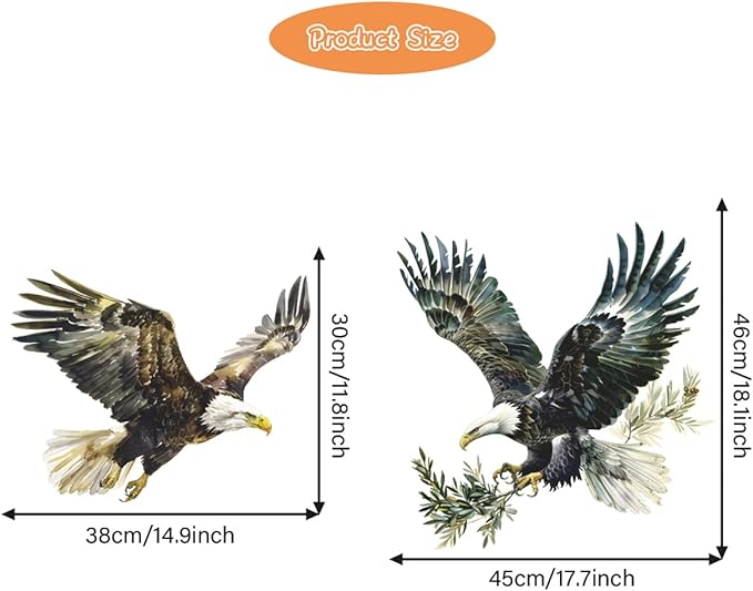 2 PCS Large Eagle Wall Decal Watercolor Flying Bald Eagle Wall Stickers Peel and Stick Removable Animal Wall Art Sticker for Living Room Kids Bedroom Classroom Office Decor