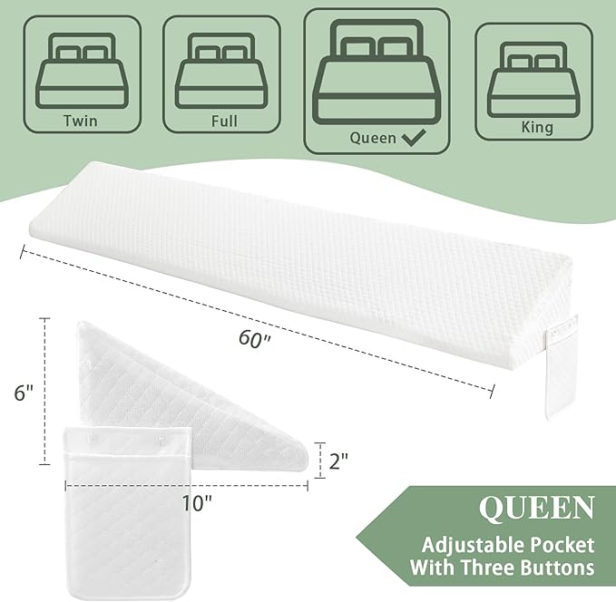 Queen Size Bed Wedge Pillow - for Headboard Gap/Headboard Pillow/Mattress Wedge /Bed Gap Filler (60"x10"x6") - Bloster Triangle Pillow for Sleeping To Fill Gap (0-8") Between Headboard and Mattress