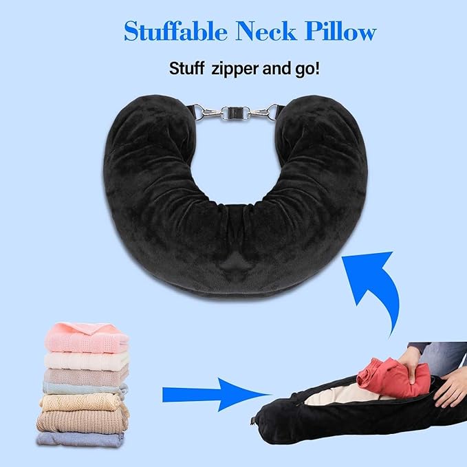 Travel Pillow You Stuff with Clothes, Stuffable Travel Pillow Transforms Into Extra Luggage Without Excess Fees, Stuffable Neck Pillow Fits 3+ Days of Travel Essentials Black