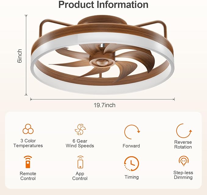 KDZ Low Profile Ceiling Fans with Lights and Remote, 20'' Bladeless Fandelier Ceiling Fans with Remote App, 3000-6000K Color Temperature Flush Mount Wooden Ceiling Light with 6 Speeds For Bedroom