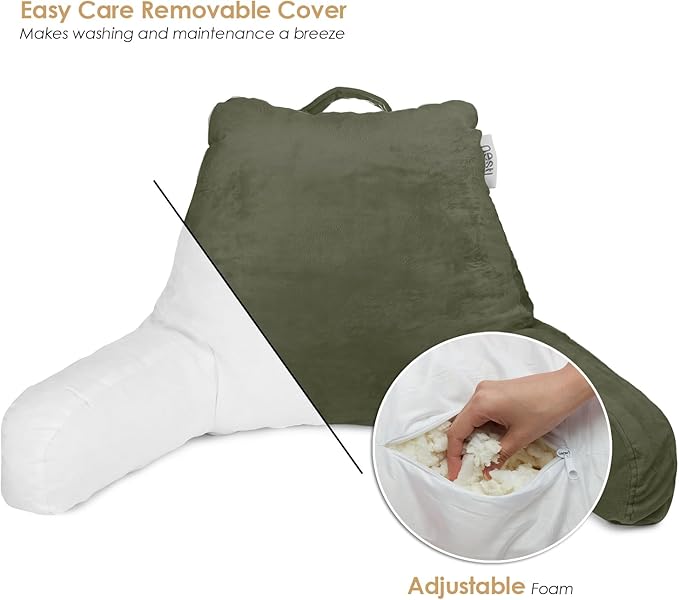 Nestl Reading Pillow Standard Bed Pillow, Back Pillow for Sitting in Bed Shredded Memory Foam Chair Pillow Reading & Bed Rest Pillows Olive Green Back Pillow for Bed, Bed Chair Arm Pillow with Pockets