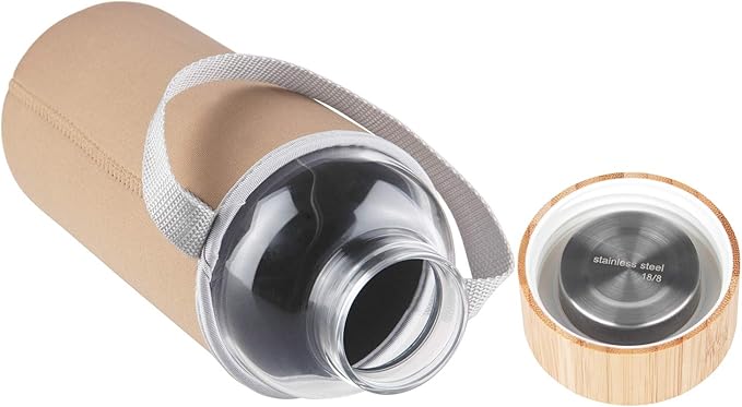 48 oz Sports Borosilicate Glass Water Bottle with Bamboo Lid with Neoprene Sleeve