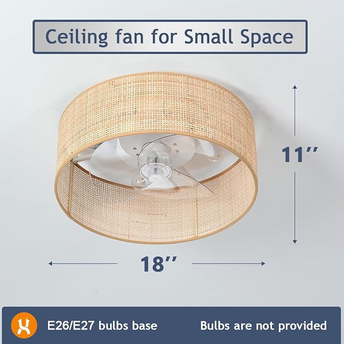 Bamboo Small DC Ceiling Fan with Light Fixture and Remote Control,Boho Enclosed Wicker Caged Flush Mount Rattan Cage Drum Low Profile Fandelier for Kitchen Nursery Bedroom Indoor Office Dining Room