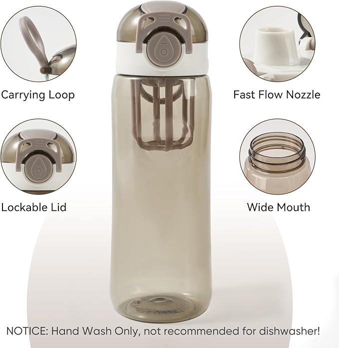 28oz Water Bottle with Fruit Infuser Strainer, BPA-Free Sports Water Bottle, One-Click Clear Water Bottle with Safety Lock for Office, Gym, Outdoors, Grey