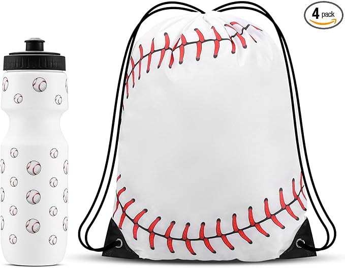 4 Pcs Baseball Party Favors Sports Drawstring Bag 24 oz Baseball Reusable Water Bottles Sports Water Bottle for Sporting Cycling Working Traveling Gym Outdoor
