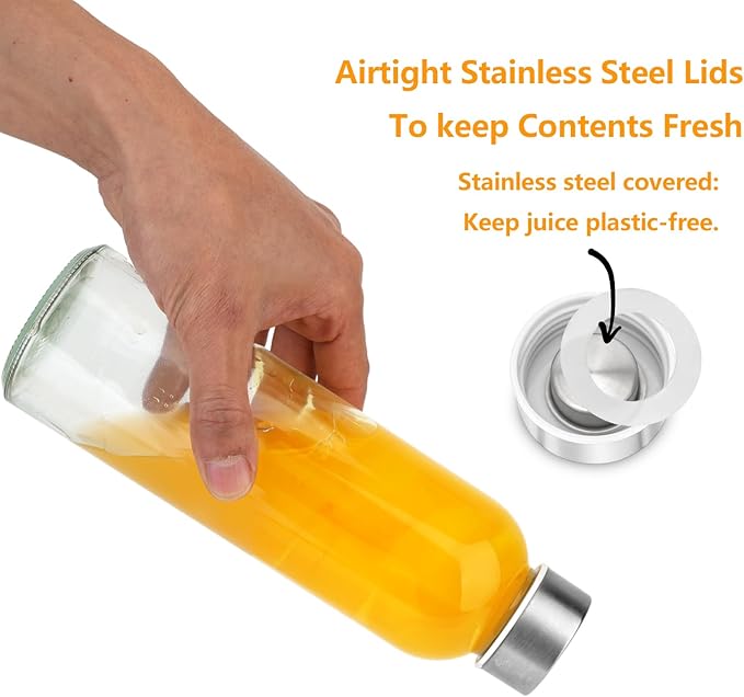 Glass Juice Bottles with Lids for Juicing 24 oz, Reusable Clear Glass Water Bottles with Stainless Steel Airtight Cap for Refrigerator, 100% Leak Proof, BPA Free, ECO Friendly, Set of 3