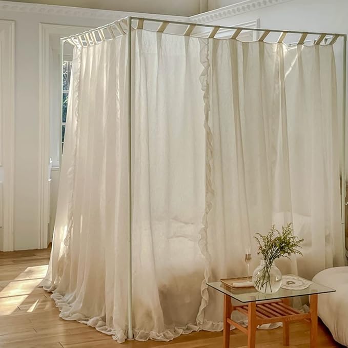 Mengersi Linen Canopy Bed Curtains,Bed Canopy Curtains Bed Drapes Sheer Curtains for Bedroom Decor (Ivory, California King)