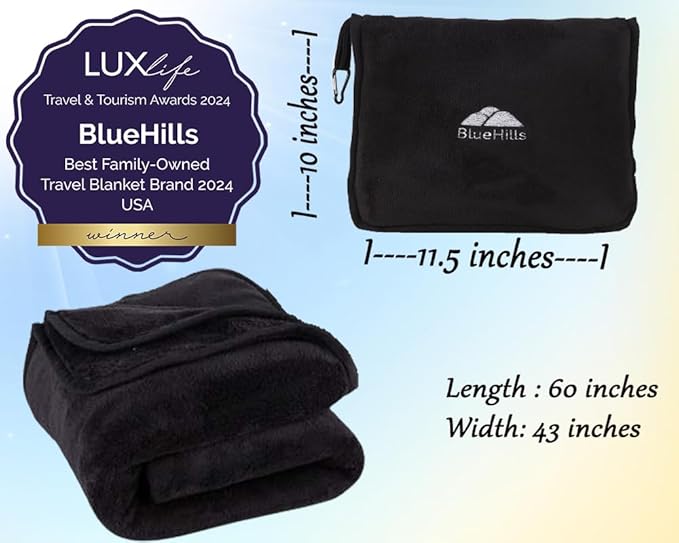 BlueHills Premium Soft Travel Blanket Pillow Airplane Blanket Packed in Soft Bag Pillowcase with Hand Luggage Belt and Backpack Clip, Compact Pack Large Blanket for Any Travel (Black T008)