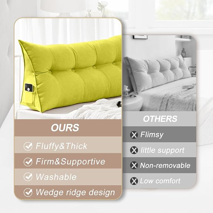 Large Triangular Headboard Pillows Long Backrest Positioning Support Bolster Cushion for Daybed Fluffy Quality Plush Body Wedge Pillow with Removable Cover(Yellow Green-King-76x8x20in)