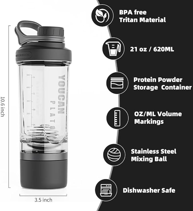 21oz Protein Shaker Bottle with Powder Storage Container-Shaker Cups for Protein Shakes-pre workout bottle-Mixer Cup-Gym Sport Water Bottle -Made with Tritan BPA Free,with Wire Whisk Balls (Black)
