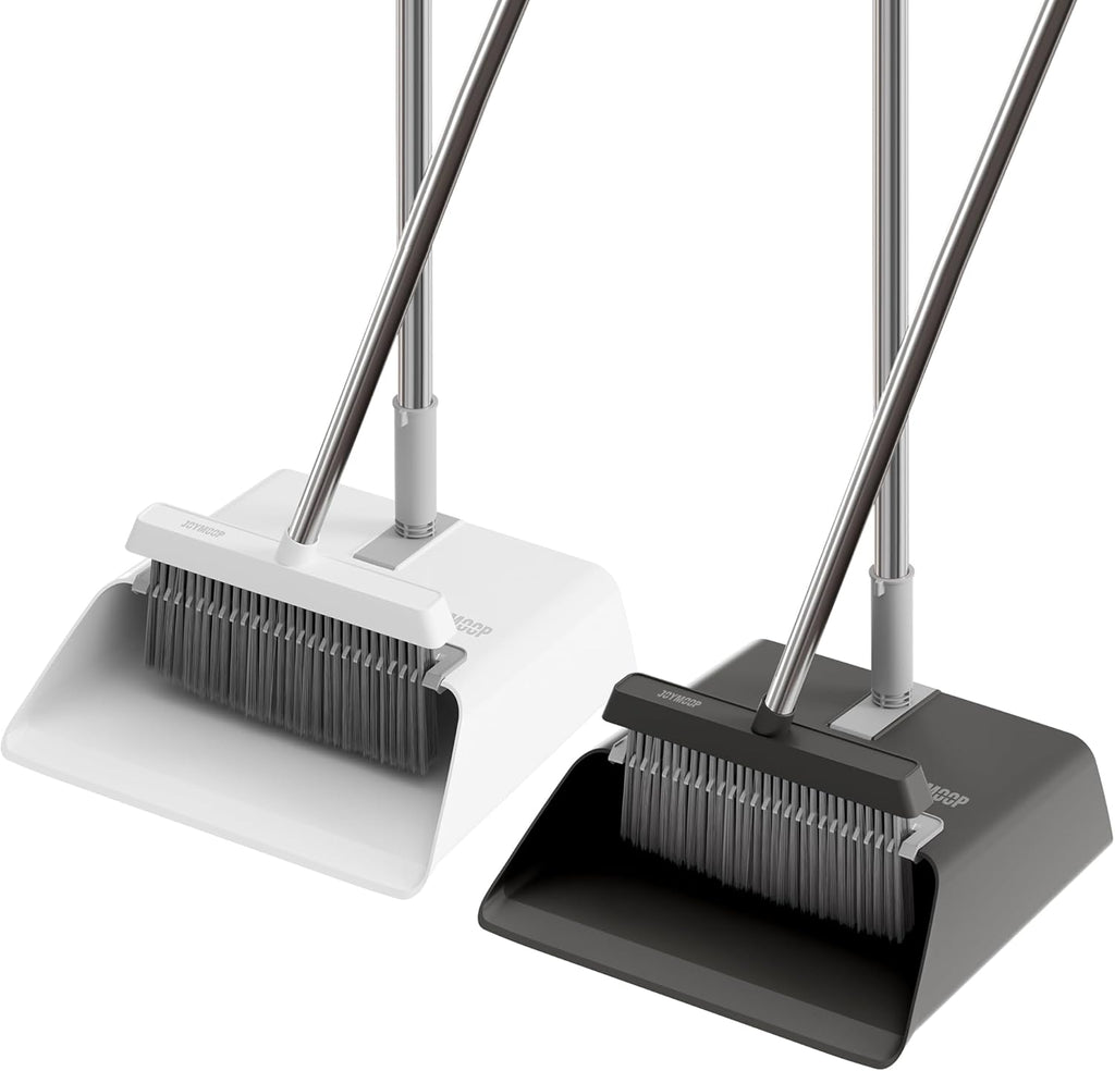 JOYMOOP 2 Pack Broom and Dustpan Set, Black and White Combo, Upright Angle with Built-in Comb Teeth for Pet Hair and Hard Floors