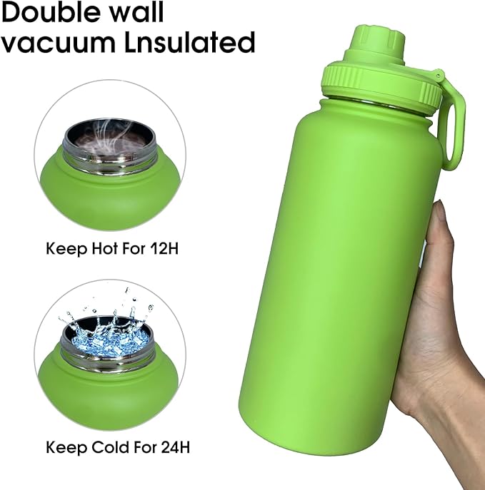 32oz Insulated Water Bottle ，Stainless Steel Sports Water Cup Flask with 2 Lids, Wide Mouth Travel Thermal Mug,Outdoor Sports Bottle（Lemon Green）