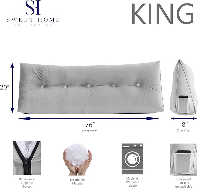 Wedge Pillow Headboard - Bed Wedge Pillow for Headboard - Large & Versatile Triangle Cushion Reading Support Pillow, King - 76", Gray