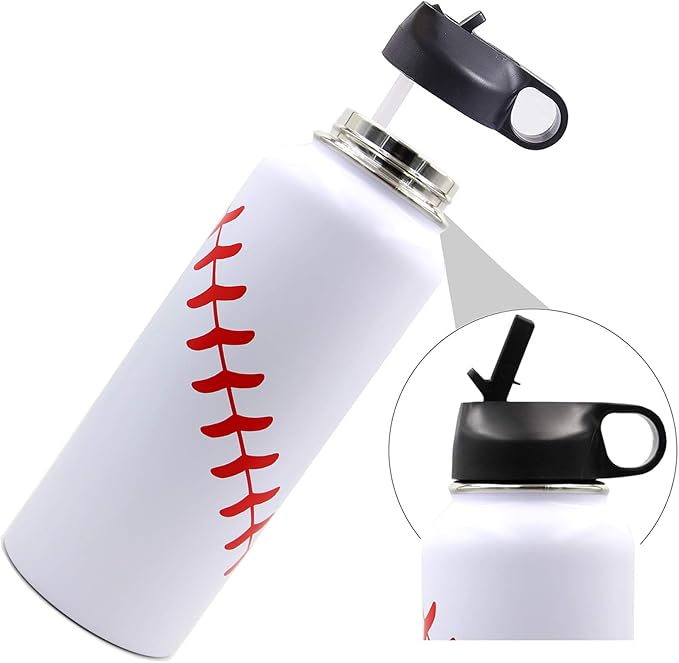 40 oz Baseball Water Bottle, Sports Flask Metal Travel Tumbler with 2 Lids 18/8 Stainless Steel Double Wall Vacuum Insulated Hot/Cold (40oz, White baseball)