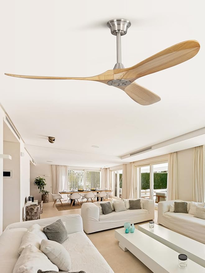 Sofucor 60" Ceiling Fan no Light and Remote Control, Outdoor Ceiling Fan Without Light, 3 Blade Ceiling Fan with Quiet Energy Saving Motor, 6 Speeds, Light Wood Grain