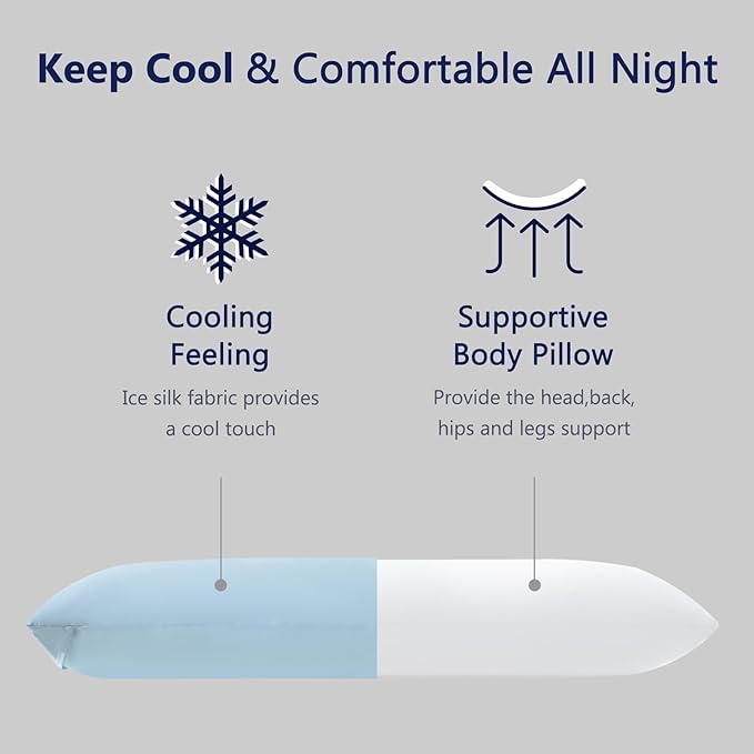 DOWNCOOL Large Body Pillow Insert with Cooling Cover - Soft Long Bed Pillow for Summer - Breathable Full Body Pillow for Adults - 20x54 inch (Blue, with Cover)