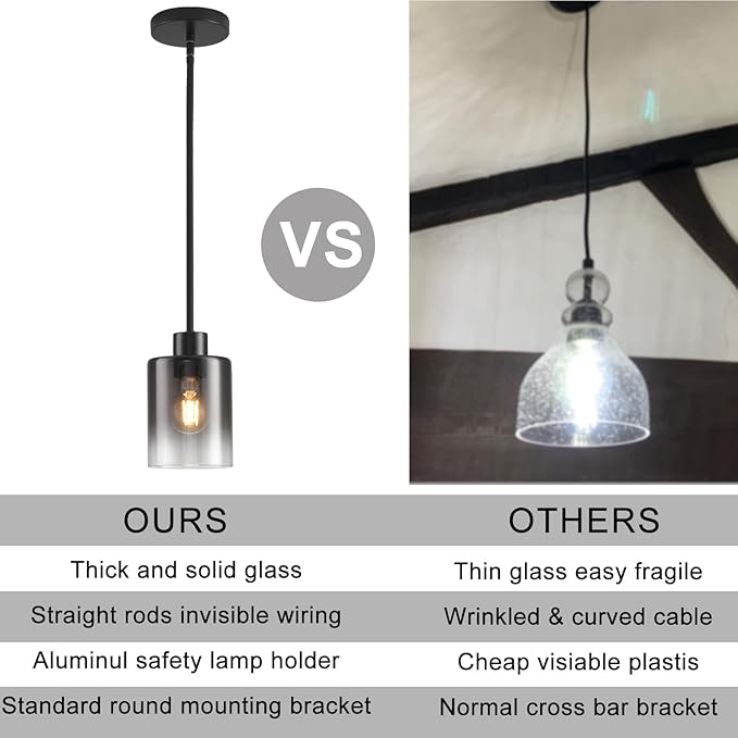 Black Pendant Lights Kitchen Island,Smoked Glass Pendant Light Fixture Multiple Stems Rods 3 Units 12 Inch 3 Units 4 Inch (2 Pack Smoked Glass+Black Downrod)