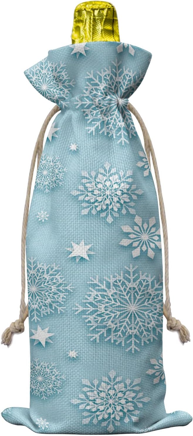 10 Pack Wine Bottle Bags, Christmas Snowflake Wine Bottle Cover with Drawstring, Winter Snowflake Green Backdrop Gift Bag for Champagne Wedding Birthday Party