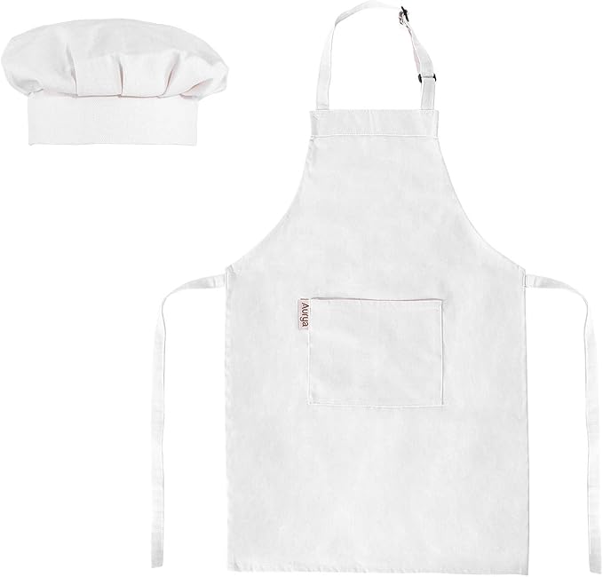 Kids Apron and Chef Hat Set-Adjustable Child Apron for Boys and Girls for Cooking Baking Off-white