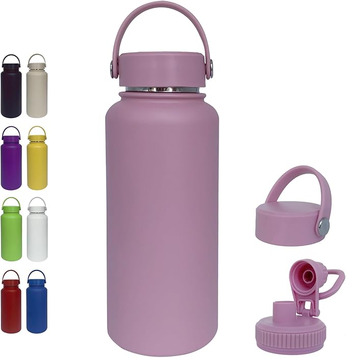 32oz Insulated Water Bottle ，Stainless Steel Sports Water Cup Flask with 2 Lids, Wide Mouth Travel Thermal Mug,Outdoor Sports Bottle（Jelly Purple）