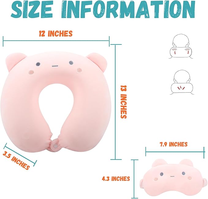 Kids Neck Pillow for Travel with Sleep Eye Mask, Cute Travel Neck Pillow, Memory Foam Flight Sleeping Headrest Pillow for Boys & Girls, Airplane, Train, Car, Home Use - Peach Bear