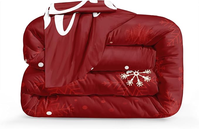 Bedbay Comforter Set King Size Christmas Bedding Set Xmas Elk Snowflakes Printed 4 Pcs Microfiber Soft Xmas Festival Bedding Set 1 Comforter 2 Pillowcases 1 Cushion Cover(Red,King)