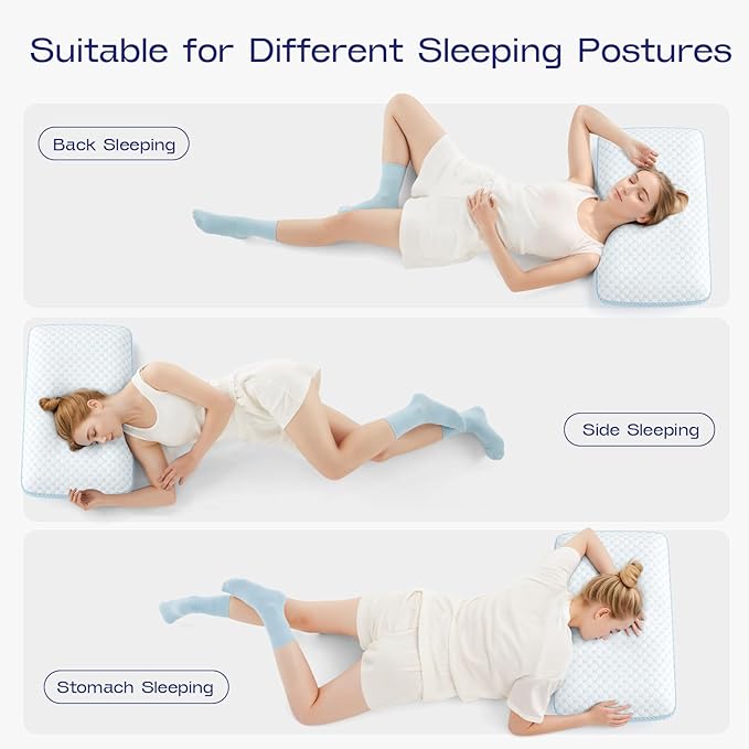 Memory Foam Soft Pillows for Sleeping - Cooling Bed Pillows for Hot Sleepers with Machine Washable Pillowcase - Ergonomic Memory Foam Pillow for Back Side Stomach Sleepers (Blue)