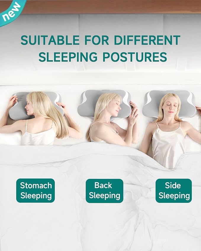 Cervical Pillow for Neck & Shoulder Pain Relief - Adjustable Ergonomic Pillow with Cooling Pillowcase,Memory Foam Pillow Fit for Side, Back & Stomach Sleepers(Gray-White)