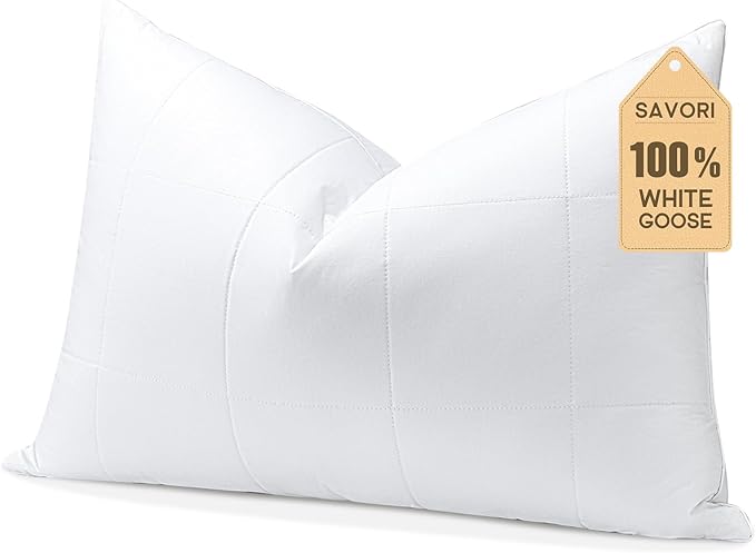 SAVORI Goose Down Feather Pillows with 100% Cotton Cover, Soft Hotel Bed Pillow for Sleeping, Cooling Pillow for Back, Stomach or Side Sleepers, Queen Size-White 20x30 Inch