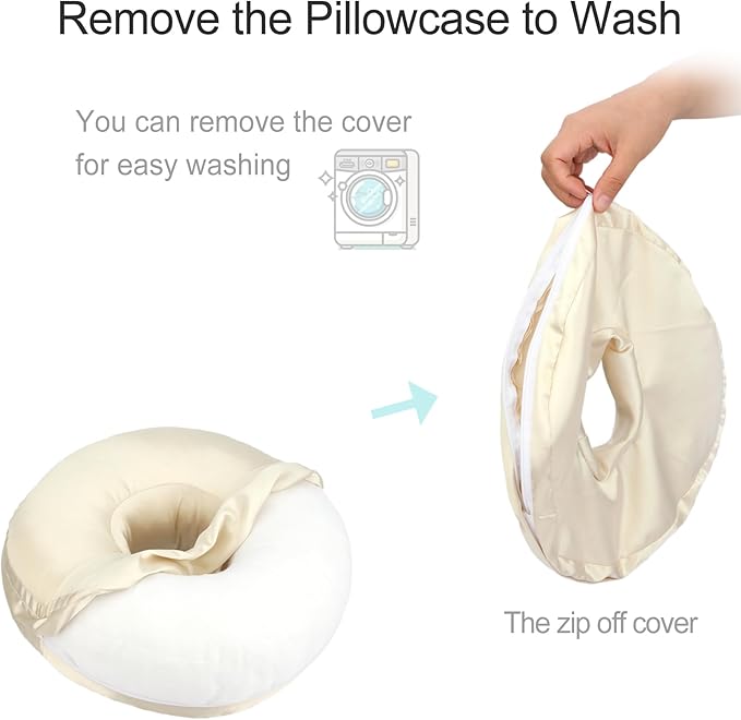 Silky Ear Piercing Pillows with Holes Removable Pillowcase Washable Donut Pillow for Ear Pain Side Sleeping Cartilage CNH Pressure Sore Tinnitus Headphones Relief Guard Protector Champagne