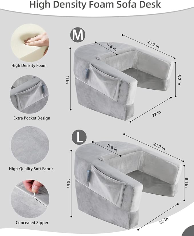 Weighted Idea Reading Pillow for Gaming, Extra Large Arm Rest Pillow for Adult，Lap Desk Pillow Gaming Pillow with 2 Side Pockets for Gaming, Reading, Working Sitting in Bed Floor Sofa (Grey)