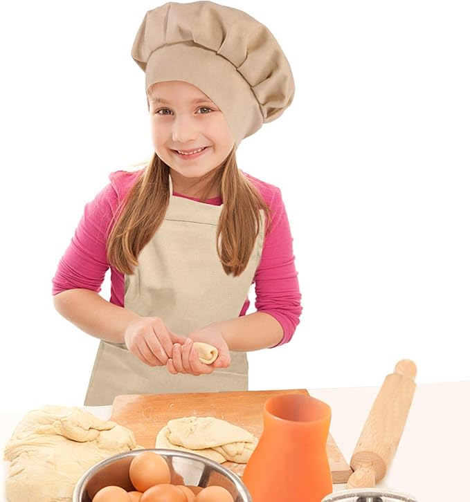 Kids Apron and Chef Hat Set-Adjustable Child Apron for Boys and Girls for Cooking Baking Khaki